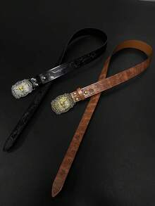 1pc Halloween/Carnival Gift, Western Street Vintage Bull Head Buckle PU Men's Embossed Belt, Available In Black And Brown - Multicolor - View 3