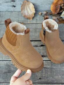 1 đôi ủng tuyết trẻ em unisex lót nỉ giữ ấm, màu trơn họa tiết vân nổi, ủng trẻ em đi ngoài trời mùa thu/đông - Màu vàng - Xem 4