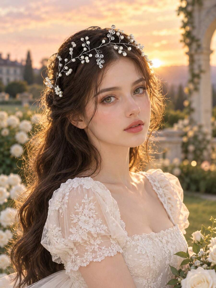 Boho Silver Pearl Crystal Branch Hair Vine Bridesmaid Wedding Photoshoot Hair Accessories - Silver - View 1