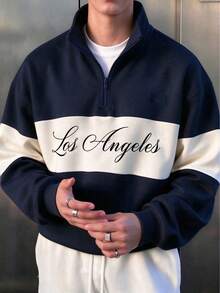 Men's Summer Casual Fashion Minimalist Letter Pattern Patchwork Design Zip-Up Sweatshirt - Navy Blue - View 2