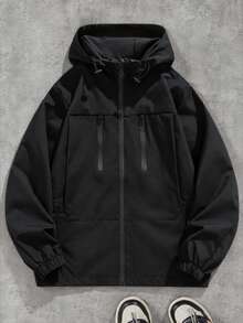 Men's Solid Color Hooded Jacket, Zipper Closure Functional Outerwear, With Zipper Decor Pockets, Plus Size Fit, Casual Long Sleeve Everyday Coat - Black - View 1