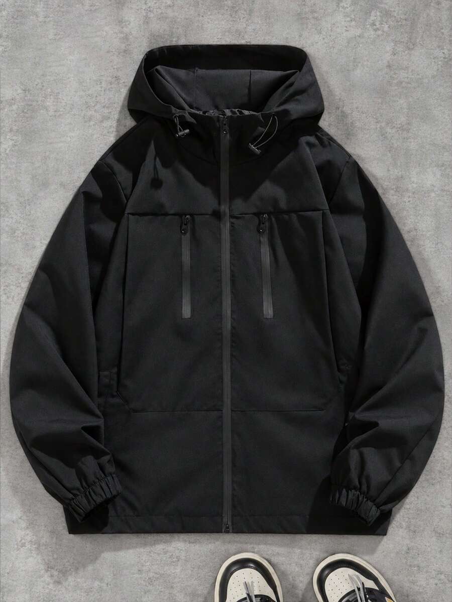 Men's Solid Color Hooded Jacket, Zipper Closure Functional Outerwear, With Zipper Decor Pockets, Plus Size Fit, Casual Long Sleeve Everyday Coat - Black - View 1