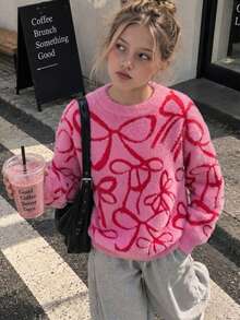 Girls' Elegant Bow Pattern Faux Mink Fur Knit Pullover Sweater, Suitable For Casual Daily Wear In Spring, Autumn, And Winter - Pink - View 2