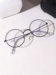 1pc Vintage Round Frame Unisex Non-Prescription Glasses - Black - View 1