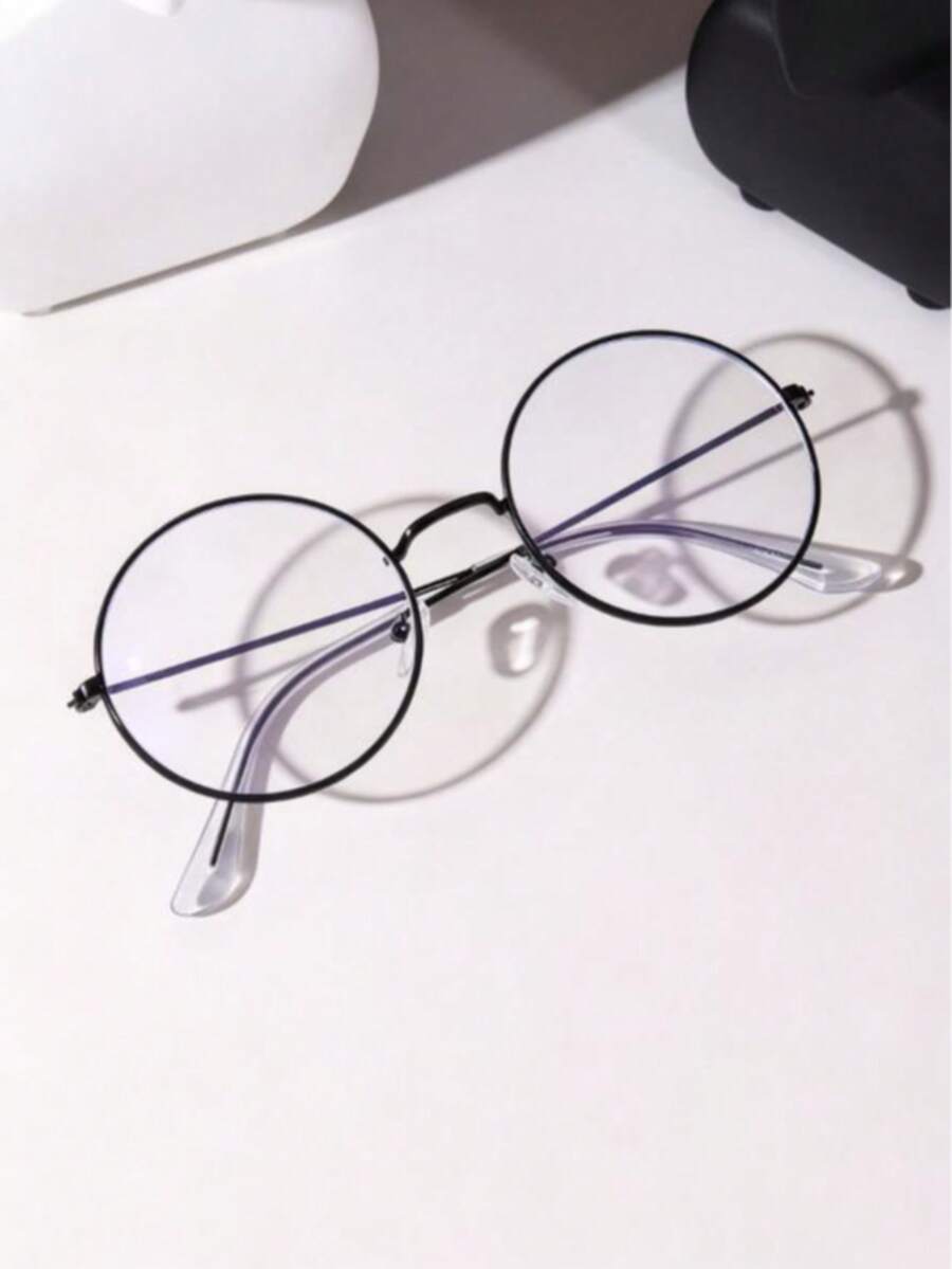 1pc Vintage Round Frame Unisex Non-Prescription Glasses - Black - View 1