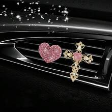 Shiny Cross & Heart Car Air Vent Clip, Sparkling Rhinestone Car Decoration Clip, Elegant Car Interior Decor - A - View 6