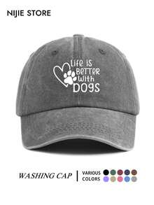 Soft Top Vintage Washed Baseball Cap, Heart Dog Paw Life Is Better With Dogs Print, Unisex Outdoor Baseball Cap - A - View 6