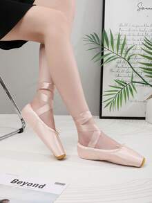 Women's Satin Ballet Pointe Shoes, Pink Wrap-Around Ribbon Flat Dance Shoes, Toe Protection, Comfortable And Lightweight For Dance Performance - Pink - View 3