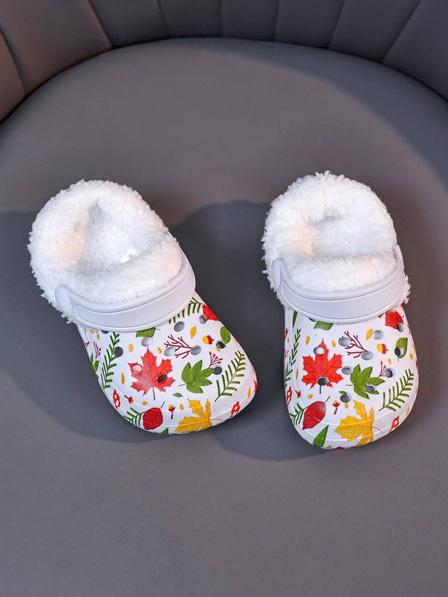 Winter Thermal Lined Clogs, Autumn/Winter Printed Pattern Toddler Soft Sole Warm Fuzzy Slippers, Cute Pattern Clogs - White - View 1