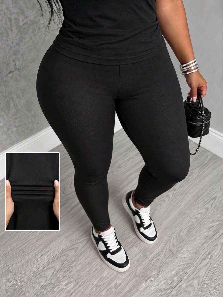 Plus Size Pure Black Leggings | High Waist Elastic Tummy Control Yoga Pants & Everyday Wear Pants, Suitable For Curvy Women | Autumn Outfit