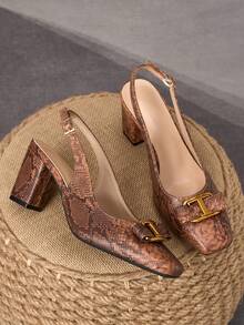 WHDXY Embossed Brown Slingback Pumps, Square Toe Metal Buckle 7cm Chunky Heel, Vintage Elegant Commute Date High Heels - Rust Brown - View 1