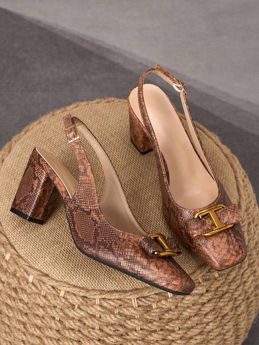 WHDXY Embossed Brown Slingback Pumps, Square Toe Metal Buckle 7cm Chunky Heel, Vintage Elegant Commute Date High Heels - Rust Brown - View 1