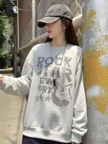Women's American Rock Guitar Distressed Letter Crew Neck Sweatshirt, Vintage Street Loose Slouchy Autumn/Winter Pullover Top - Off-white - View 5
