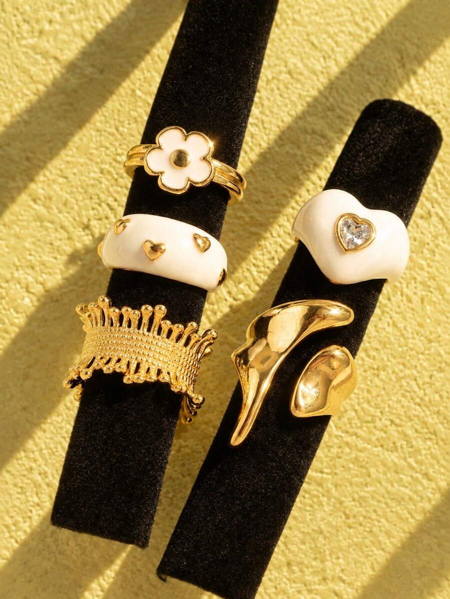 5pcs Vintage Fashion High-End Elegant Unique Geometric Heart-Shaped Oil Drop Ring Set For Women, Holiday Party Daily Wear Jewelry - Multicolor - View 1