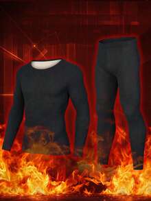 Men's Winter Thermal Lined Thermal Underwear Set, Soft Warm Crew Neck Long Sleeve Top + Long Pants, Solid Color Elastic Fabric, Seamless Comfortable Heat Retention, Home Wear Base Layer Thermal Set - Black - View 1