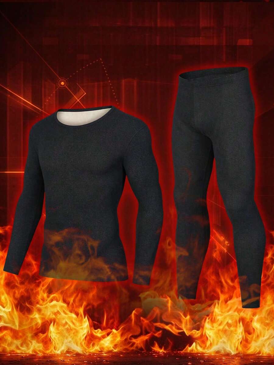 Men's Winter Thermal Lined Thermal Underwear Set, Soft Warm Crew Neck Long Sleeve Top + Long Pants, Solid Color Elastic Fabric, Seamless Comfortable Heat Retention, Home Wear Base Layer Thermal Set - Black - View 1