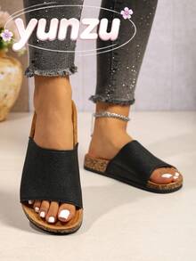 Women's Black Wide Strap One-Strap Slide Sandals, Soft Cork Insole Flat Bottom Summer Casual Outdoor Slippers - Black - View 2
