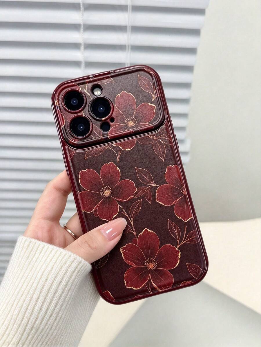 1pc Burgundy Red Floral Phone Case With Mirror Stand Compatible With 11 12 13 14 12ProMax 13ProMax 14ProMax 15 15PRO 15PROMAX 16 16Pro 16Promax 17 17Pro 17Promax 18PRO 18ProMax - Burgundy - View 1