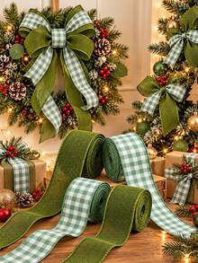 1 Roll Christmas Plaid Wired Ribbon - Sage Green & White Checkered Faux Linen Fabric Ribbon With Wired Edge, For Christmas Tree Toppers, Holiday Wreaths, Gift Box Wrapping And Festive Crafts - Webbing - View 2