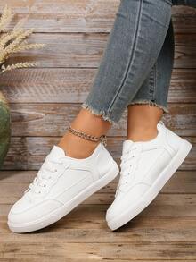 mulinsen Pure White Thick Sole Platform Sneakers For Women, Classic Low-Top Lace-Up White Shoes, Leather Patchwork Toe Perforated Design, Spring Versatile Casual Sports Shoes, Daily Commute Essential - White - View 8