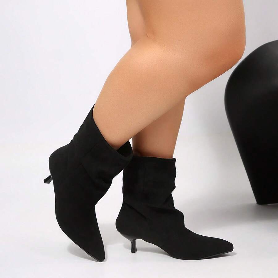 Wide Fit Women's Brown Pointed Toe Pleated Short Boots, Suede Mid-Calf Boots With Kitten Heels, Autumn/Winter 2025,Party - Black - View 1