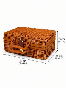 1pc Vintage Suitcase Style Woven Storage Box With Lid And Handle, Brown Rattan Organizer Basket For Living Room Bedroom Home Storage And Bookshelf Decor - Brown - View 7