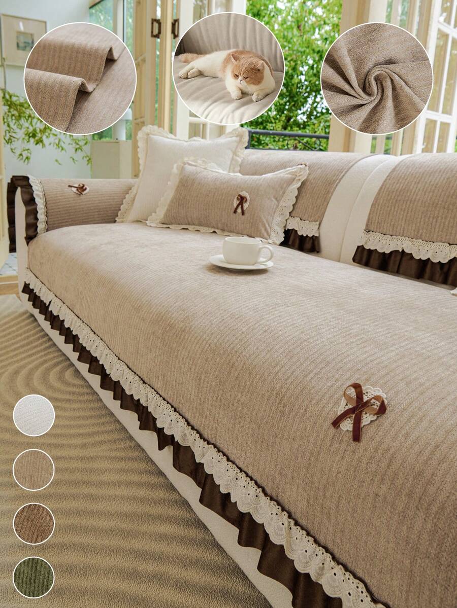 1PC Chenille Skirted Bow-Decorated All-Season Non-Slip Sofa Cushion, French Style Pet Dirt-Resistant Machine Washable Seat Pad, Sofa Protector, Dust-Proof And Durable - Khaki - View 1