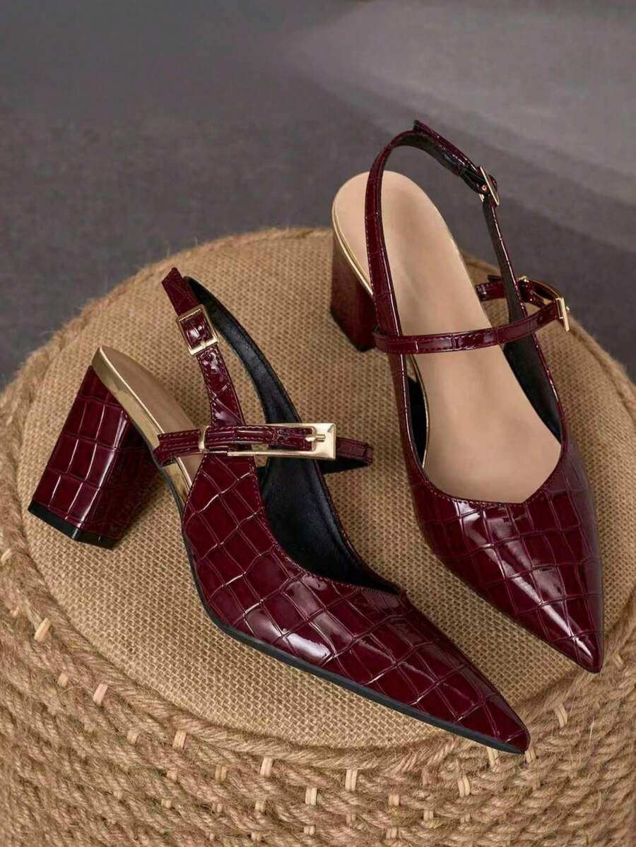WHDXY Burgundy Embossed Chunky Heel Pointed Toe High Heels Women's Shoes With Lace-Up Design, Fashionable For Daily/Work/Party - Burgundy - View 1