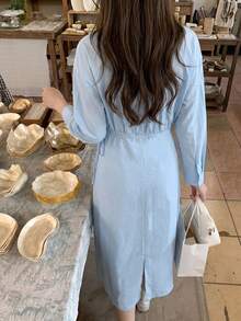 Women's Spring/Autumn Lapel Button Shirt Dress, Light Blue Side Tie Wrap Mid-Length Skirt, Suitable For Office Work And Daily Commute, Essential For Autumn/Winter Outfits - Blue - View 5