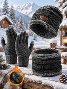 3pcs/Set Unisex Winter Knit Hat Set, Warm Thickened Knit Hat With Scarf And Touchscreen Gloves, Thick Cold-Proof Weather Accessories, Suitable For Outdoor Daily Wear, Solid Color Casual - Multicolor - View 2