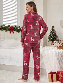 Women's 2-Piece Christmas Long Pajama Set, Spring/Autumn Indoor Fleece Plaid Teddy Bear Print With Pockets, Comfortable Long Sleeve Open Front Sleepwear - Red - View 2