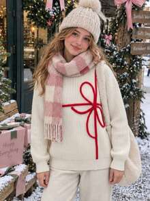 Christmas Girls' Minimalist Solid Color Bow Embroidery Knit Pullover Sweater, Suitable For Daily Casual Wear In Spring, Autumn And Winter - Apricot - View 1