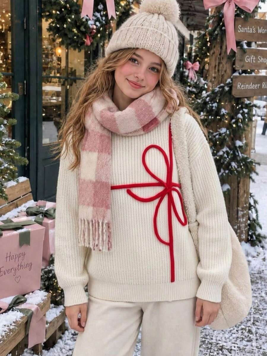 Christmas Girls' Minimalist Solid Color Bow Embroidery Knit Pullover Sweater, Suitable For Daily Casual Wear In Spring, Autumn And Winter - Apricot - View 1