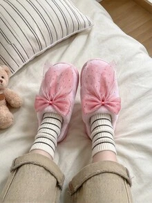 Women's Plush Indoor Slippers, Pink Winter Rhinestone Mesh Bowknot Warm Fuzzy Thick Sole Comfortable Closed Toe House Slippers - Style a - Pink - View 3
