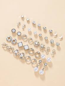 20 Pairs Square Snowflake Faux Pearl Infinity Symbol Stud Earrings Set, Suitable For Women's Commute And Daily Wear - Silver - View 2