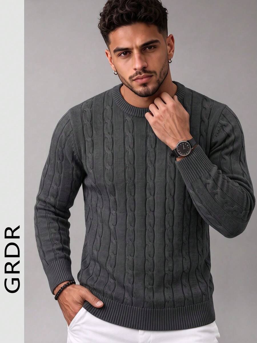 GRDR Men's Autumn/Winter Crew Neck Cable Knit Ribbed Sweater