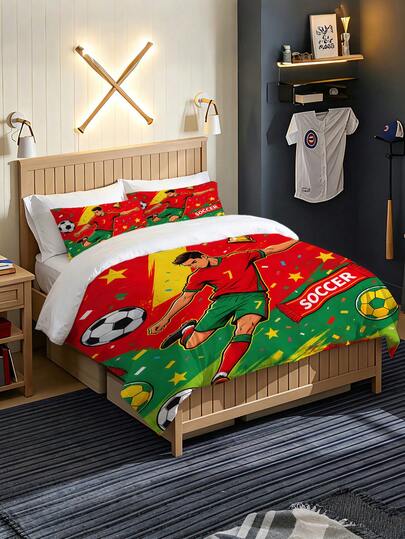Set Sprei Sepak Bola 3 Buah, Set Perlengkapan Tidur Sepak Bola, Sprei Olahraga untuk Anak Laki-laki, Perempuan, dan Remaja, Dekorasi Kamar Tidur (1 Sprei + 2 Sarung Bantal, Tanpa Isian)