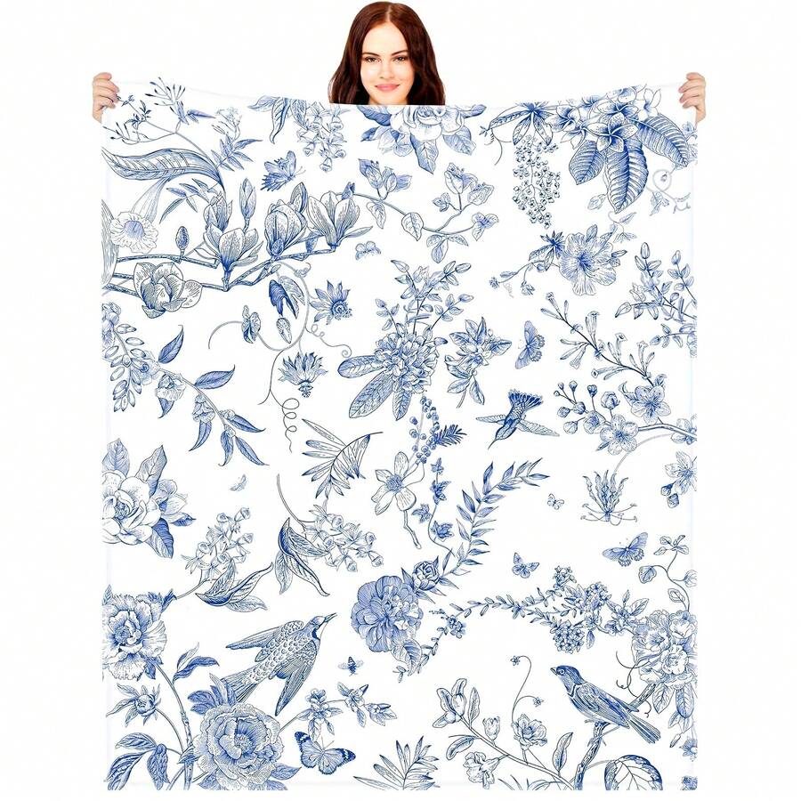 1pc Blanket With Floral And Bird Pattern, Soft Flannel Throw, Creative ...