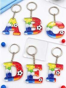 Random 1PC/5pcs Creative Football Theme Acrylic 26 Letter Keychain, Colorful Gradient Honeycomb Pattern Design With Football Graphic, Double-Sided Clear Printing Wear-Resistant, Compact Portable Pendant Accessory, Sturdy Metal Key Ring Not Easily Broken, Football Fan Merchandise Small Gift, Suitable For Bag, Key Decoration, Fun Portable Charm - A - View 2