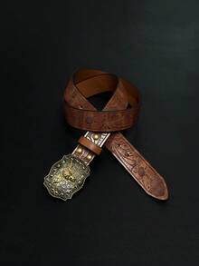 1pc Halloween/Carnival Gift, Western Street Vintage Bull Head Buckle PU Men's Embossed Belt, Available In Black And Brown - Multicolor - View 11