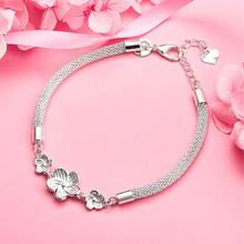 1pc 925 Sterling Silver Plated Delicate Three Flower Bracelet For Women, Fashionable Wedding Party Gift Jewelry - Silver - View 1