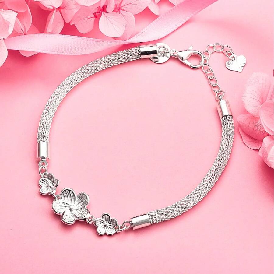 1pc 925 Sterling Silver Plated Delicate Three Flower Bracelet For Women, Fashionable Wedding Party Gift Jewelry - Silver - View 1