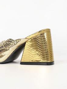 Elegant Casual Women's High Heel Slide Sandals, Solid Color Fashion Rhinestone Pure Metal Chunky Heel Square Toe Open Toe Slip-On Sandals For Outdoor Wear And Party - Gold - View 8