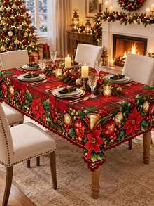 1Pc Red Plaid Christmas Tablecloth, Poinsettia Holly Berry Pinecone Gold Bell Ornament Print Round/Rectangular Table Cover, Classic Holiday Dining Decor For Christmas Dinner, Family Gathering, Kitchen & Winter Home - A - View 4