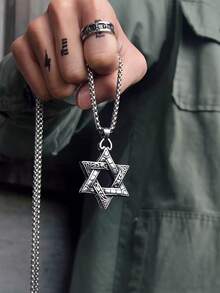 1PC Vintage Star Of David Pendant Necklace, Men's Retro Engraved Hexagram Stainless Steel Box Chain Necklace, Gothic Punk Amulet Jewelry Gift - Hexagram Necklace - View 3