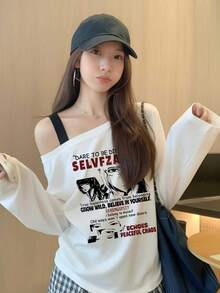 American Retro Anime Print Asymmetrical Shoulder Long Sleeve T-Shirt For Women, Asymmetrical Slanted Shoulder Design, Loose Slouchy Sexy Top - White - View 5
