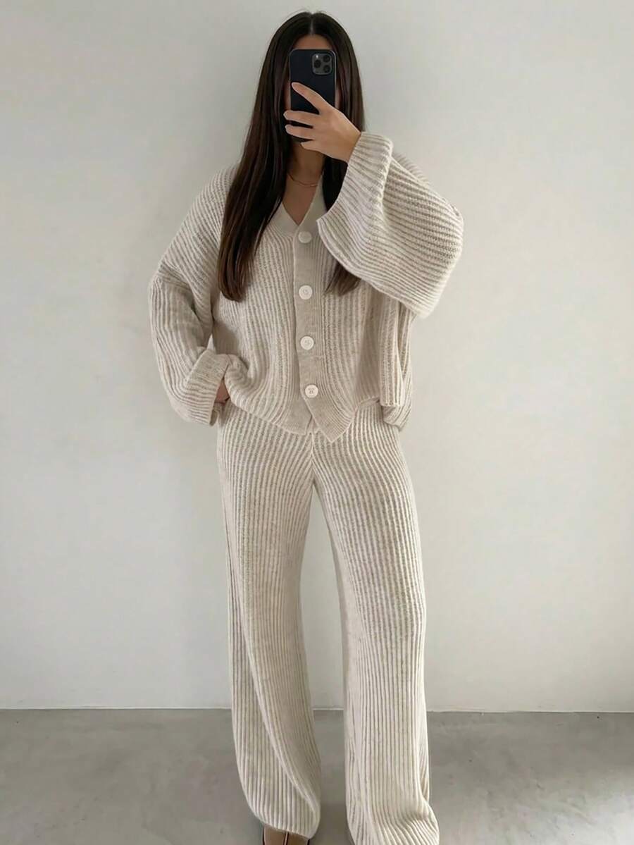 2pcs Women's Casual Knit Cardigan Sweater And Flare Pants Set, Slightly Stretchy, Warm And Comfortable, Autumn Fall - Apricot - View 1