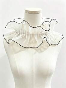 1 Pc Beaded Edge Tulle Fake Collar, Faux Pearl Accent Sheer Mesh Detachable False Collar, Decor Neck Collar For Bridal Costume Party Outfit - A - View 10