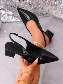 1 Pair Women's Solid Color Patent Leather Slim Pointed Toe Slingback Chunky Heel Dress Shoes, Suitable For Formal Evening Occasions - Black - View 2