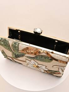 1pc Vintage Floral Sequin Embroidered Evening Clutch Bag With Rhinestone Square Buckle Hard Box Bag, Luxury Party Wedding Dress Matching Crossbody Small Square Bag For Women (Random Cut) - Champagne - View 4